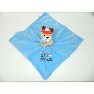 Okie Dokie Mommy's All Star Rattle Puppy Dog Security Blanket Blue Satin Velour